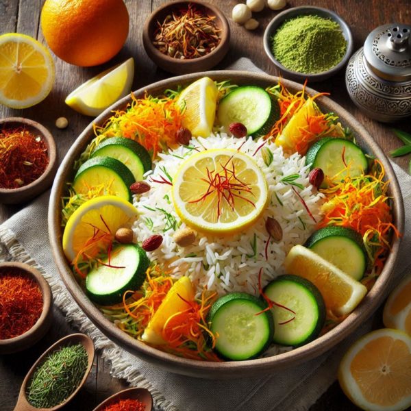 Saffron rice with zucchini and orange lemon zest