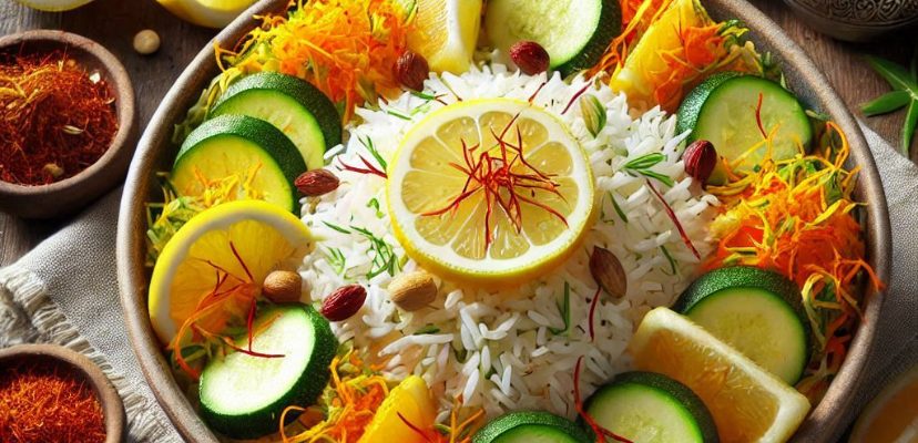 Saffron rice with zucchini and orange lemon zest